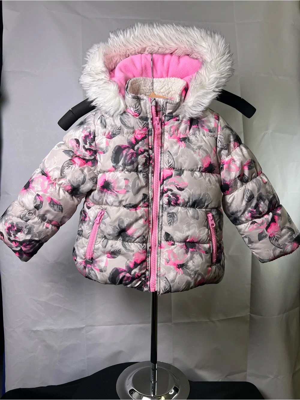 OshKosh B'gosh Pink and Gray Floral Puffer Coat with Faux Fur Hood